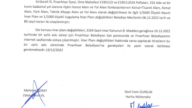 316 Ada ve Bir Kısım Kadastral Yol Alanına İlişkin Plan Değişikliği