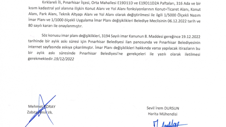 316 Ada ve Bir Kısım Kadastral Yol Alanına İlişkin Plan Değişikliği